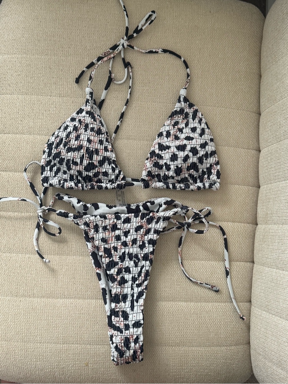 Smocked Triangle String Bikini Set - Black, White & Taupe Leopard Print